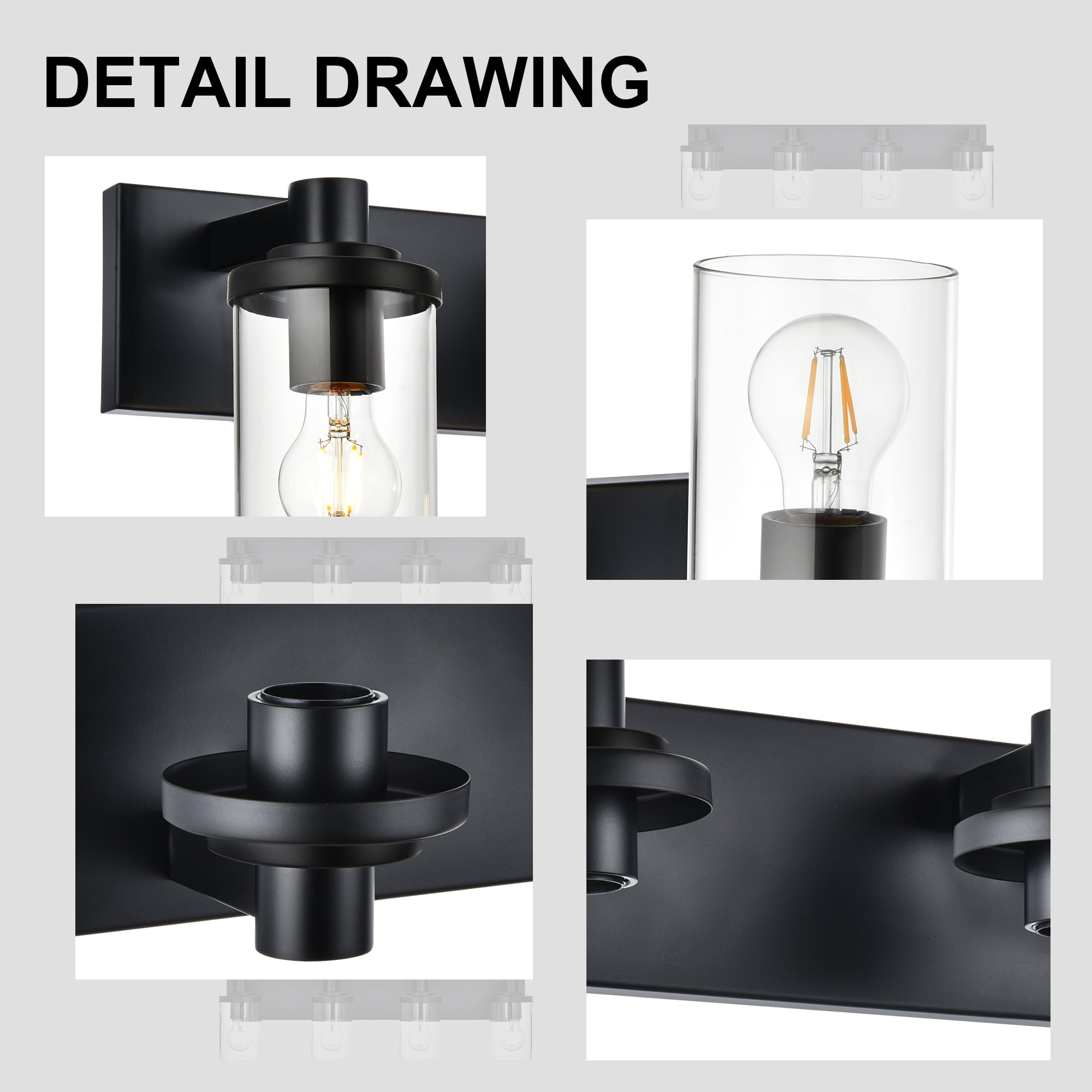 Melucee Bathroom Vanity Light Fixture Over Mirror, Metal Black Bathroom Lights Over Mirror 4-Lights, Modern Wall Mount Lighting with Clear Glass Shade Vanity Lights for Hallway Living Room Cabinet