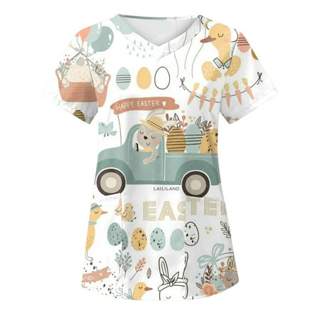 

Luiyenes V Neck T Shirts for Women Short Sleeve Print V Neck Scrub Top