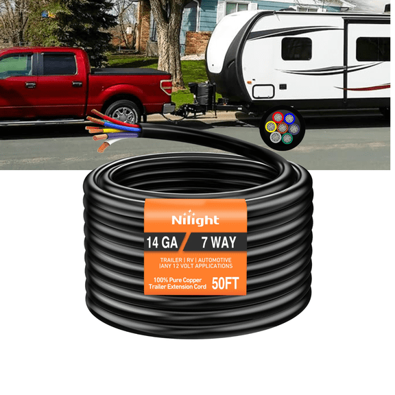 Nilight 50ft 7-Way Trailer Extension Cable 14 Gauge 7 Conductor Pure Copper Heavy Duty SAE Wire Insulated Weatherproof for RV ATV Truck Car