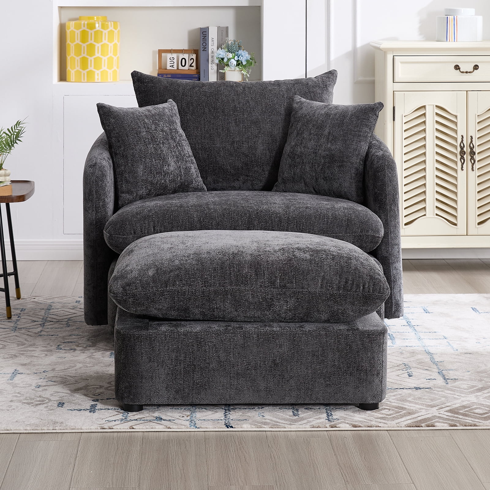44.6" W Oversized Swivel Armchair with Ottoman,37.8" Large Seat Width Accent Chair with 3 Pillows
