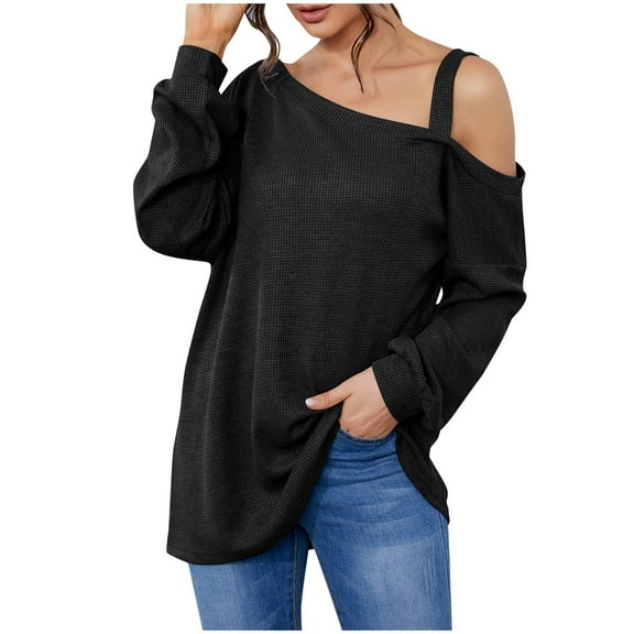 GigrtiJin Womens Cold Shoulder Tops Casual Solid Color Long Sleeve T-Shirts Trendy Loose Comfy Going out Blouse
