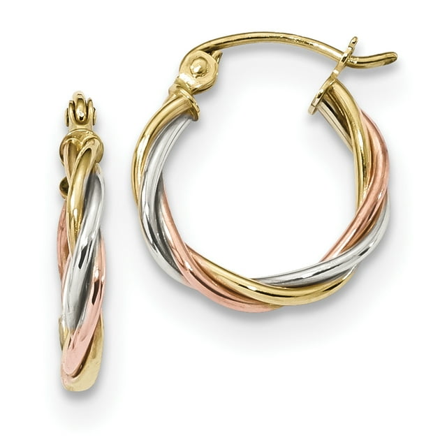Boucles d'Oreilles Créoles Torsadées Rondes en Or Tricolore 10k 2,5 mm