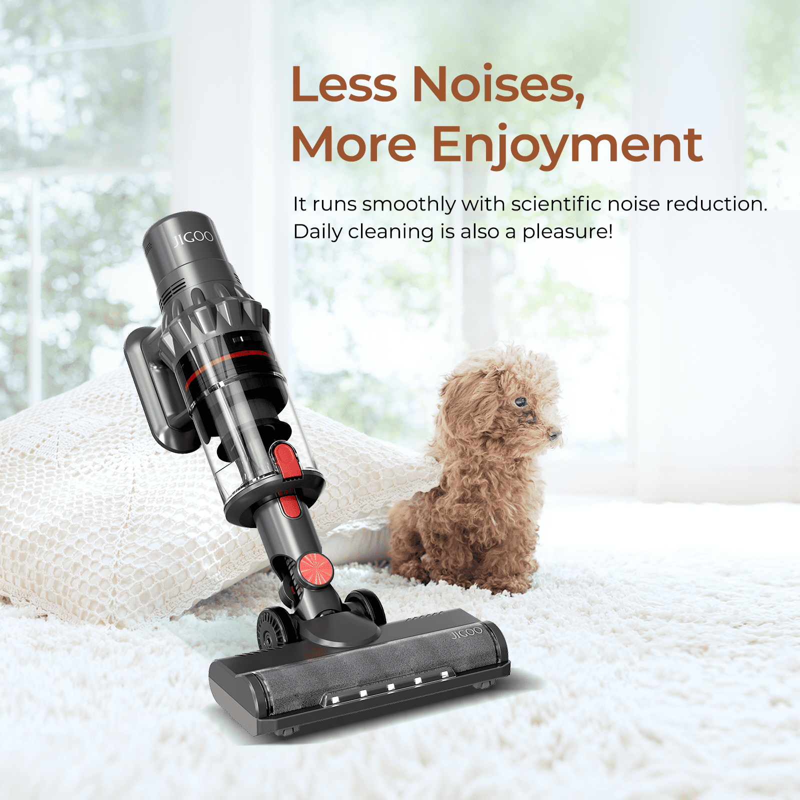 JIGOO Cordless Stick Vacuum Cleaner for Carpet & Hardfloors with 2-In-1 Brushroll, 33KPa Powerful Suction, 60-Minute Runtime, Smart Dust Sensor, LED Touch Screen, Flexible Folding Tube, C500 Red Grey