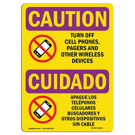 OSHA CAUTION RADIATION Sign - Turn Off Cell Phones Bilingual  | Choose from: Aluminum, Rigid Plastic or Vinyl Label Decal | Protect Your Business, Work Site, Warehouse & Shop Area |  Made in the