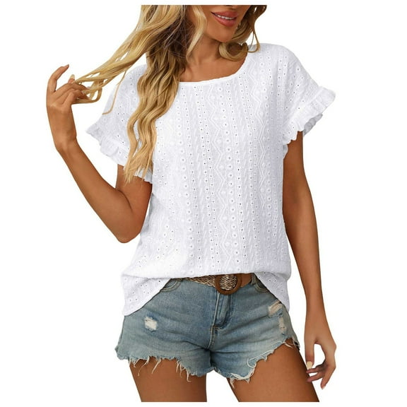 GEWSEY Womens Summer Tops Crewneck Eyelet Ruffle Sleeve Blouses Casual Shirts 2025 (White, XL)