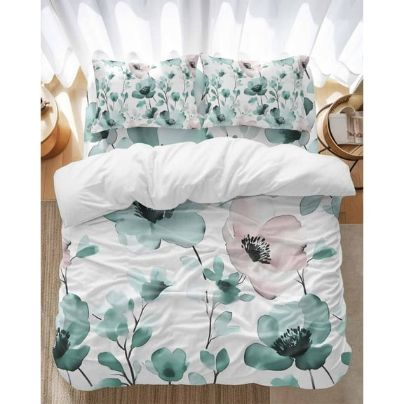 Vintage Teal Bedding Duvet Cover Set Full Size 4 Pieces Pink Floral Watercolor Blossom Flowers Abstract Bedding Set with Zipper Closure, 1 Comforter Cover 86x86 Inches 1 Flat Sheet & 2 Pillow Cases