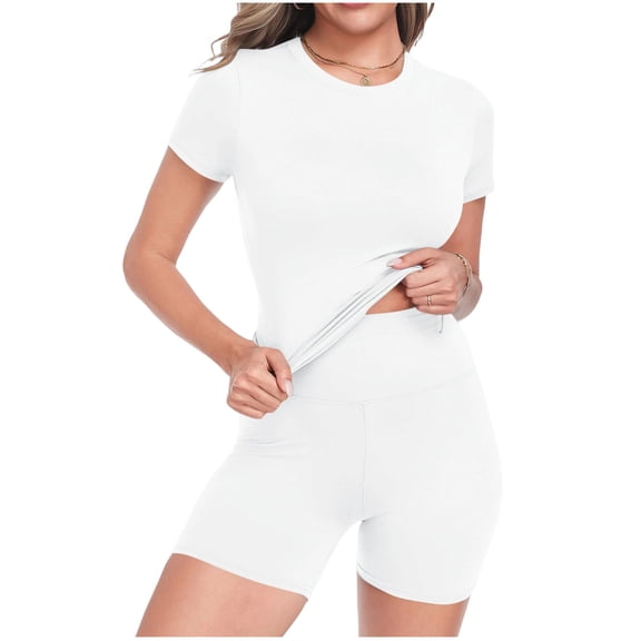 JYnXIANTI 2 Piece Sets for Women Slim Fit Basic T-Shirts and Biker Shorts Sets Soft Comfy Workout Gym Clothes Sweatsuit Sets