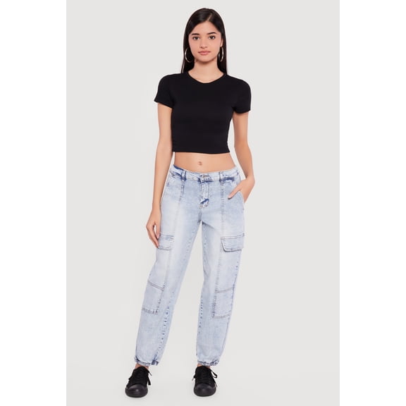 Women's Acid Wash Denim Joggers with Cargo Pockets