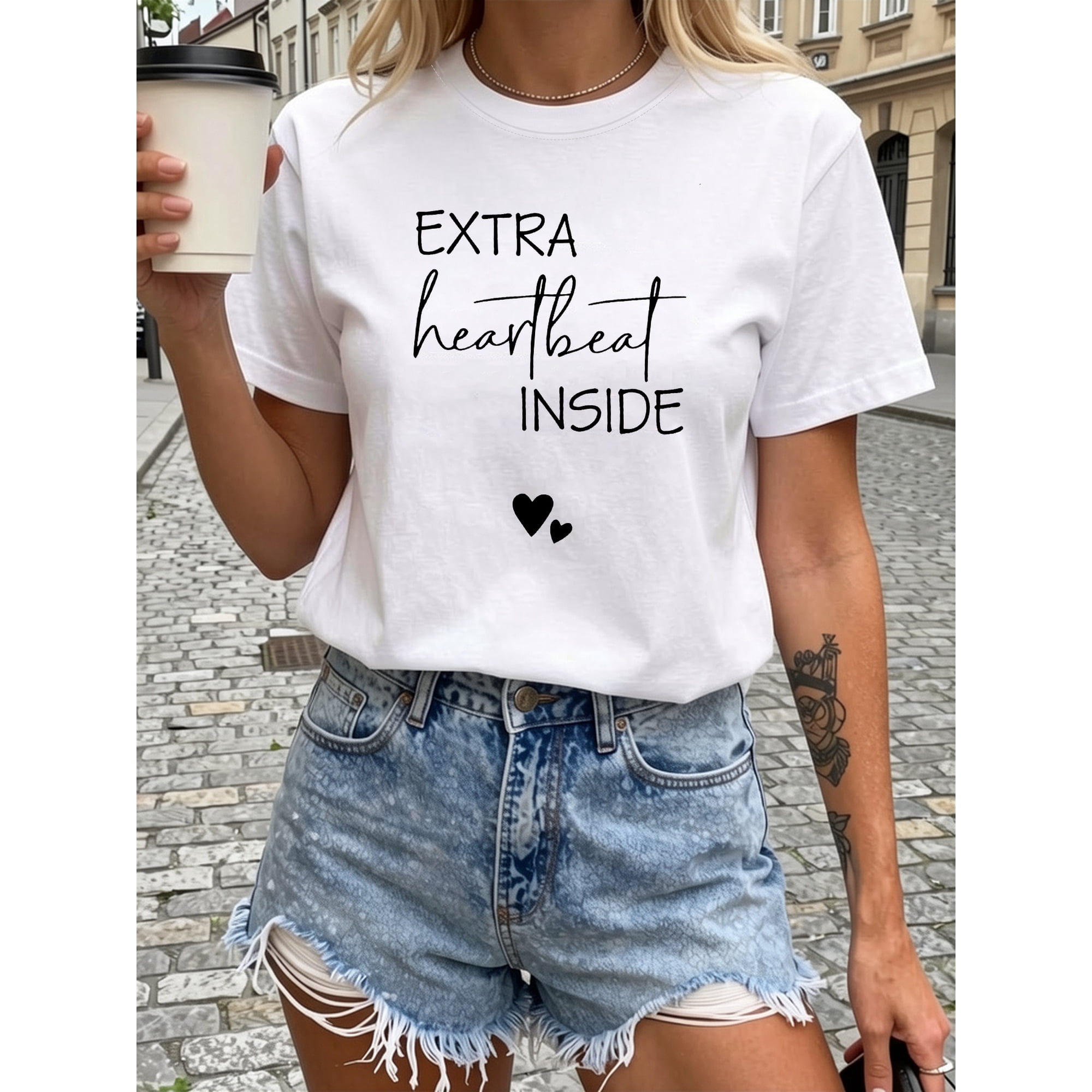 Extra Heartbeat Inside Maternity Print Crew Neck Women's T-Shirt Heart Decoration Casual Short Sleeve Warm Healing Style