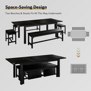 iPormis 5-Piece Dining Table Set for 4-8 People, Extendable Kitchen Table Set with 2 Benches and 2 Square Stools, Black