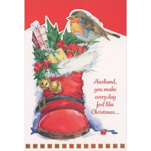 Pictura Bird Perched on Red Boot Stuffed with Gifts and Holly Die Cut Christmas Card for Husband