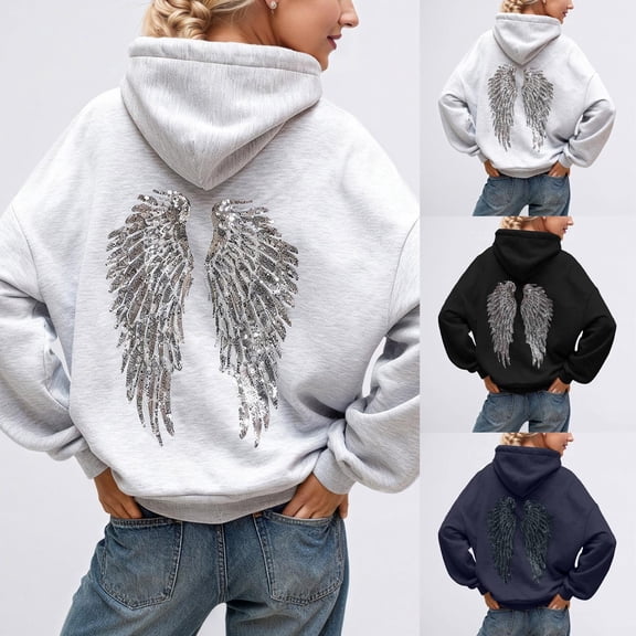 XINPING Sequin Angel Wings Hoodie Women Long Sleeve Sweatshirt Baggy Drawstring Sweat Shirt Casual Fall Winter Wear with Pocket