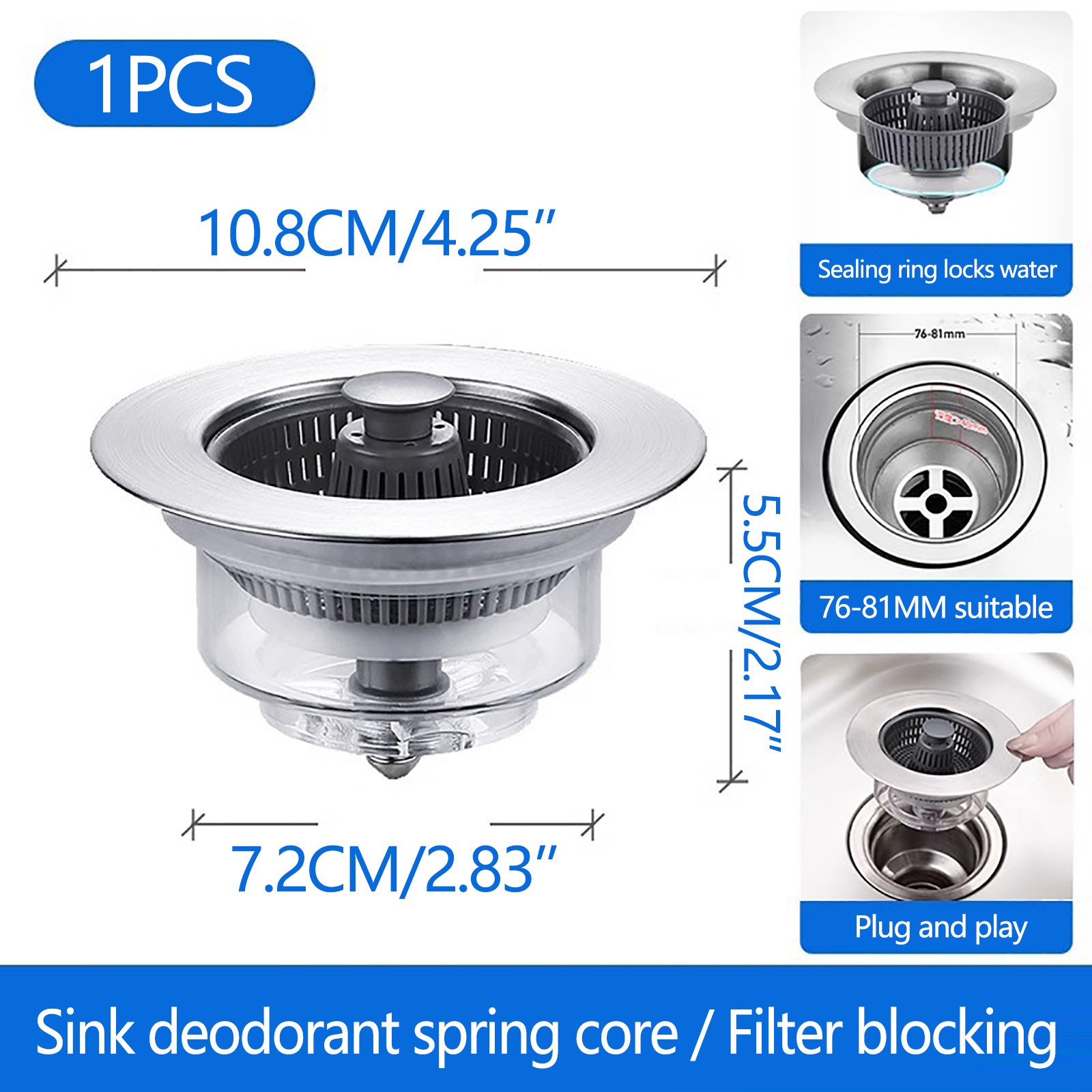 Universal Pop Up Bathroom Sink Stopper - Push Plug Drain Filter For 1 To 1.96 Inch Holes (Silver)