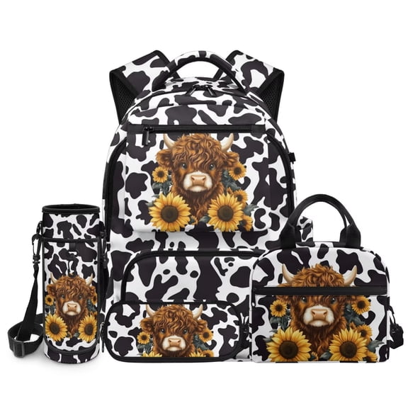 chaqlin Highland Cow Backpack Lunch Box Set for Girls 8-10 10-12 Elementary Middle School Bookbag Kids School Bag Set of 4 Pcs 17 Inch Travel Book Bag Daypack