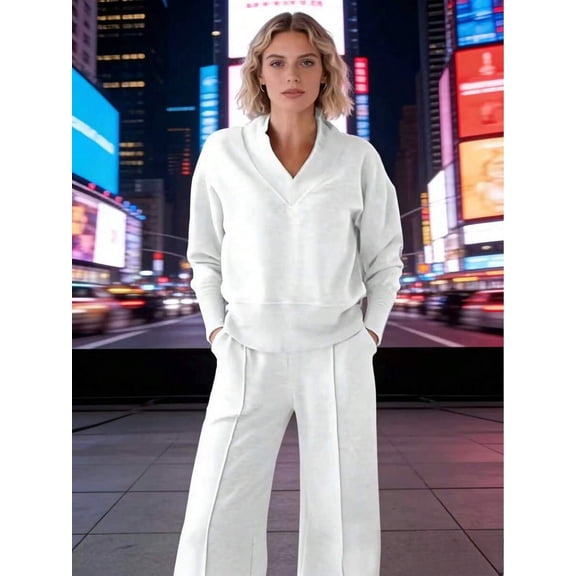 Grey V-Neck Wide-Leg Pants Set - Loose Long-Sleeved Blazer And Pants, Anti-Wrinkle For Both Office And Casual Wear, Machine Washable, Spring-Autumn Business Attire, Christmas Gift
