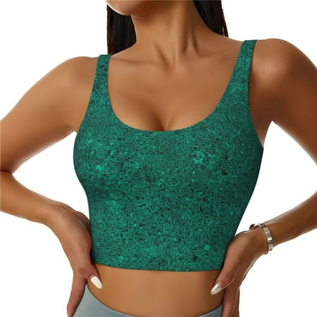 Qokaie Teal Marble Pattern Womens Scoop Neck Sports Bra Breathable Workout Vest Padded U Back Medium Impact Fitness Gym Yoga Bra Workout Crop Top-Large