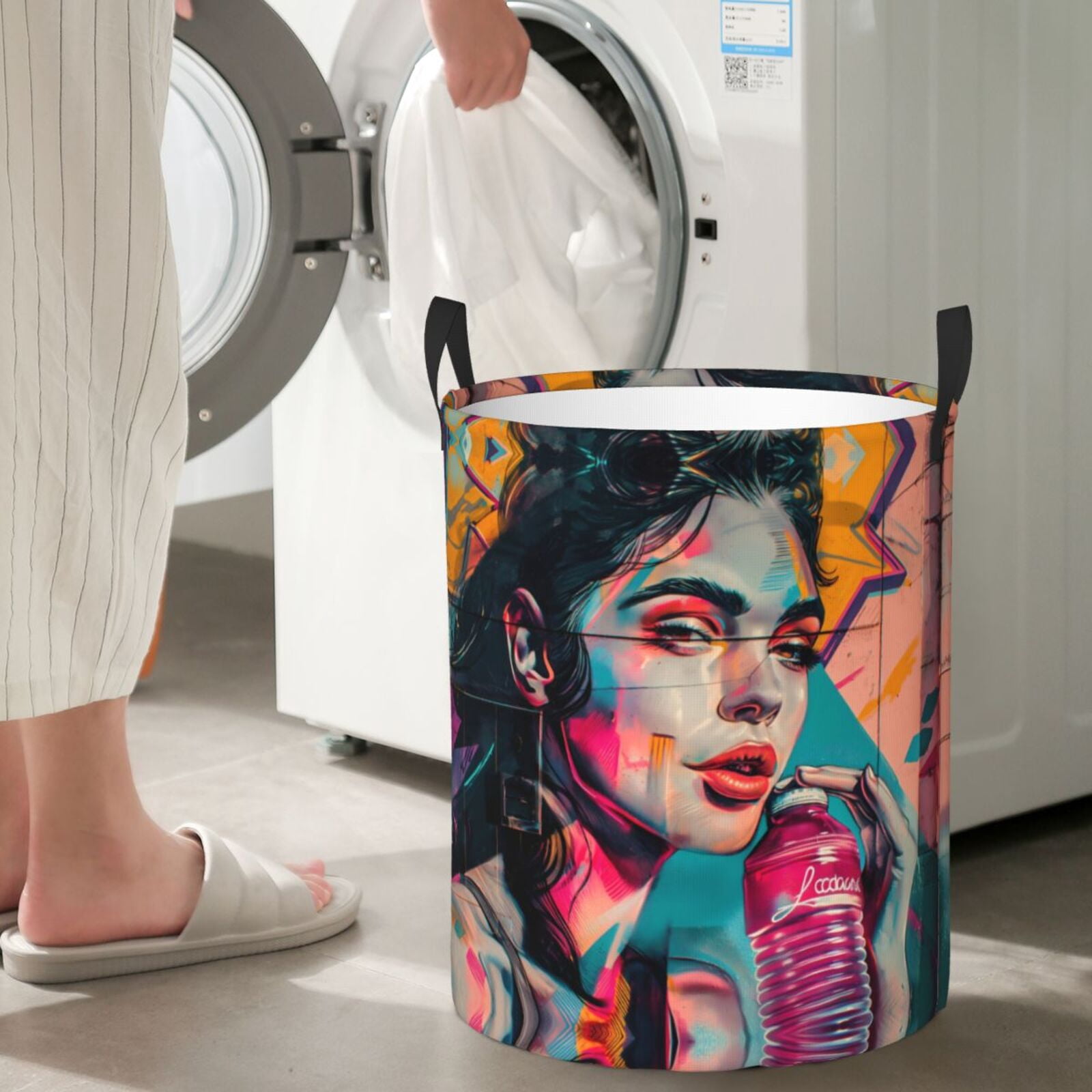 Large Laundry Basket with Handles - Vibrant Street Art Portrait Kids Baby Dirty Clothes Laundry Hamper for Bedroom Aesthetic