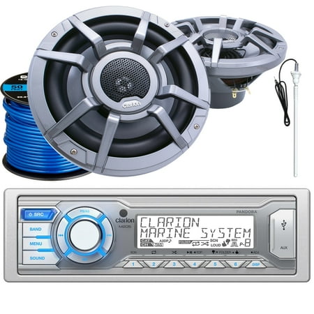 Speaker Wire Gauge 8 Clarion M205 Marine Audio Single-DIN Stereo Receiver, 2 x Clarion 8.8