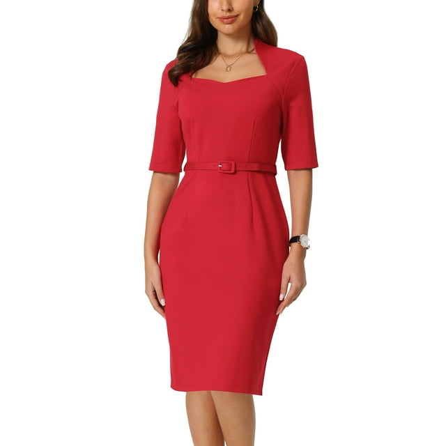 Vestidos de tubo para mujer INSPIRE CHIC con cinturón, vestido vintage de escote corazón, lápiz, rojo