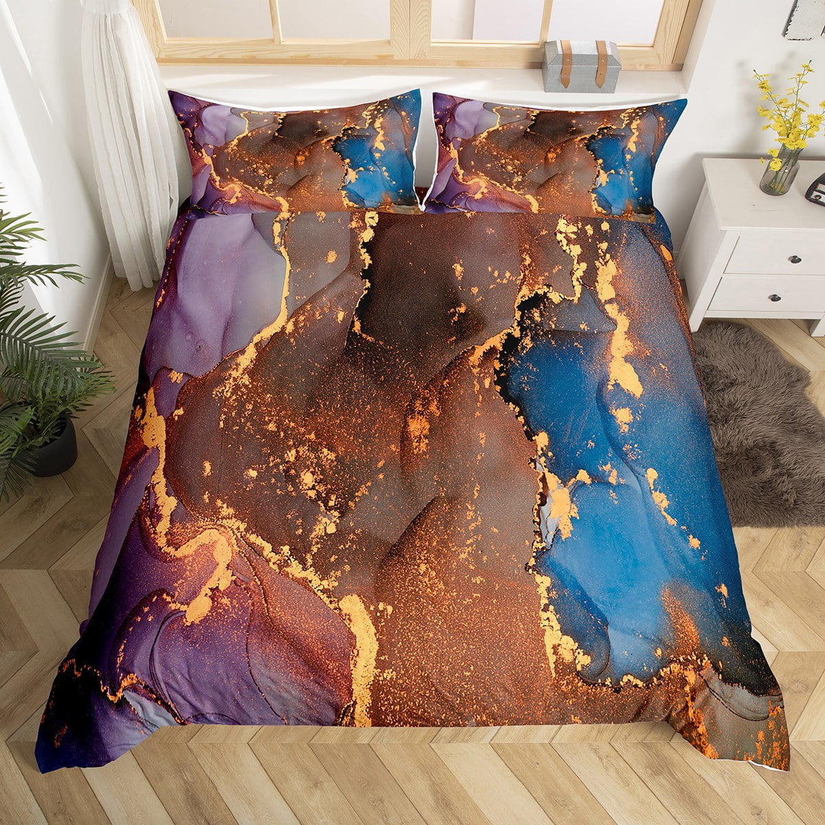 Marble Texture Duvet Cover for Kids Boys Girls,Purple Golden Blue