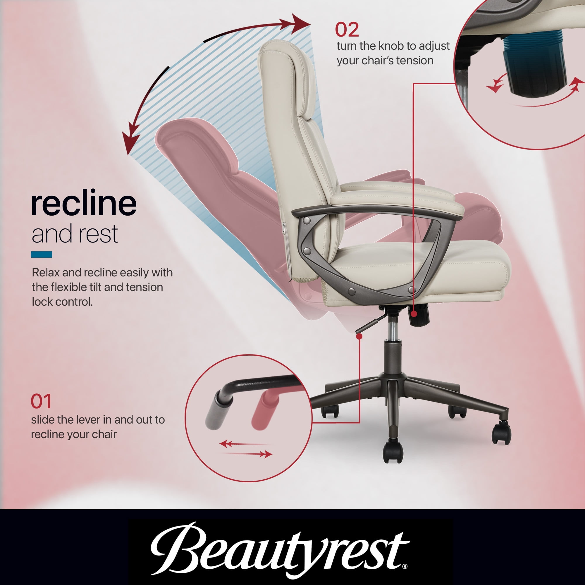 Beautyrest Amara Ergonomic Manager Office Chair with Padded Armrest for Teens and Adults, Ivory