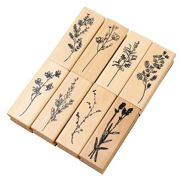 8-Count Wooden Rubber Stamps Floral Plant Stamp for Kid Cardmaking DIY Art Craft