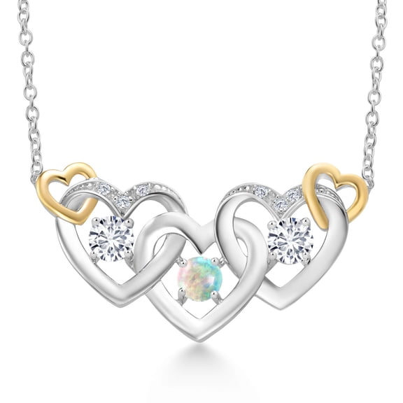 Gem Stone King 925 Silver and 10K Yellow Gold White Opal and White Lab Grown Diamond Heart Shape Pendant Necklace for Women (0.85 Cttw, with 18 inch Chain)