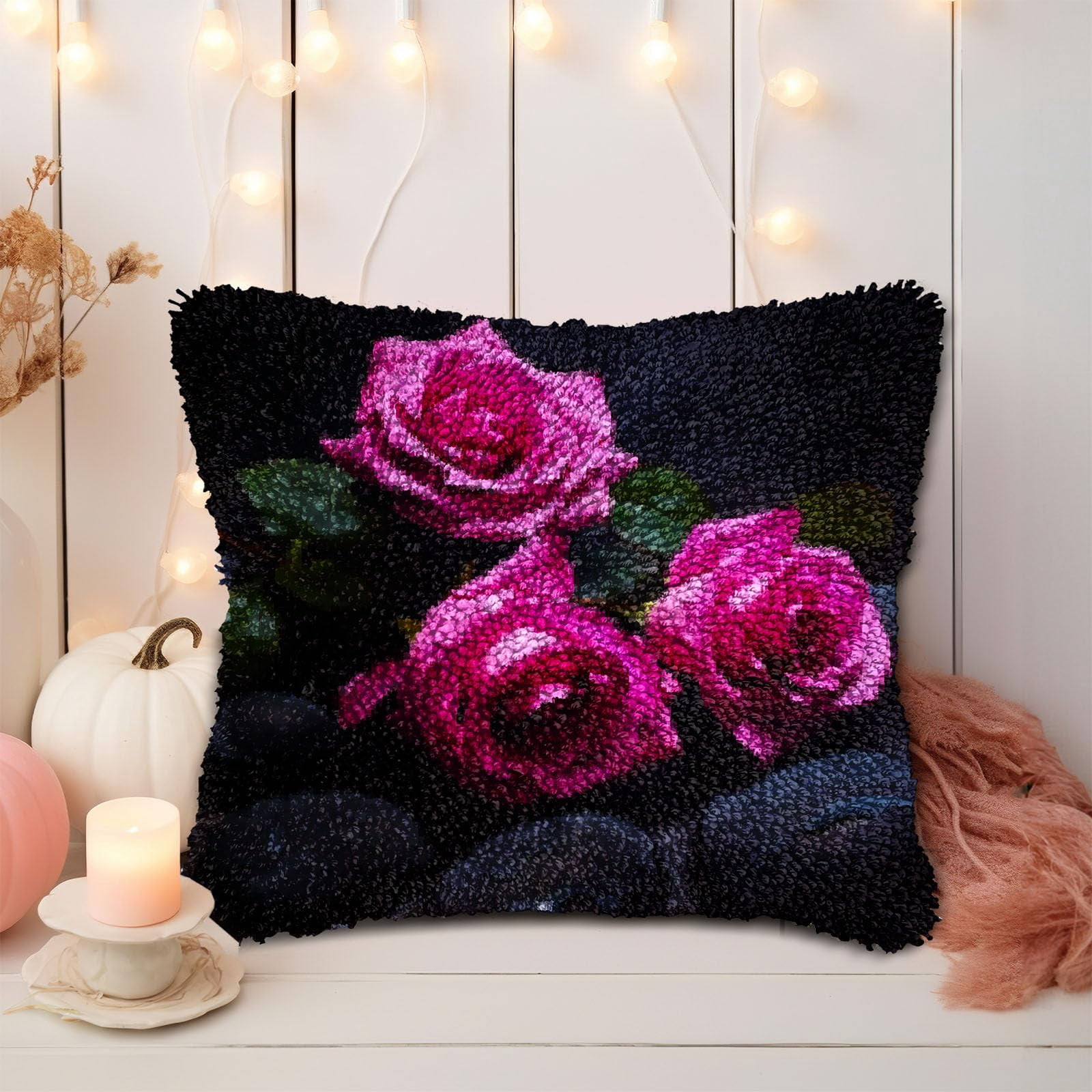 Rose and Black Stones DIY Latch Hook Pillow Kits for Adults Printed Pillowcase Crochet Yarns Hooking Handmade Pillow Cover Cushion for Home Sofa Decoration 17x17inch