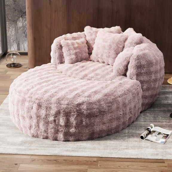 Wiilayok 55" W Oversized Chaise Lounge Chair Indoor Furniture, Compressed Round Deep Seat Cloud Sofa Couch with Ottoman,5 Pillows for Living Room, Bedroom, Pink