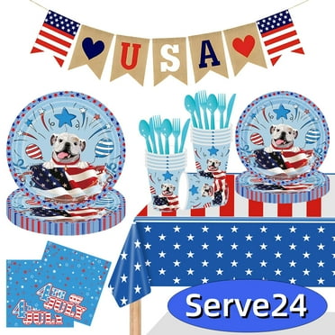 4th of July Party Supplies Patriotic Paper Plate Banner Tablecloth Napkins Disposable Tableware for Independence Day Memorial Day Serve 24 Pattern 3