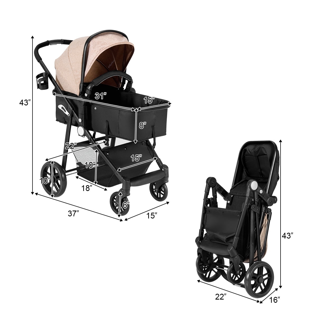 Infans Foldable Baby Stroller Kids Travel Newborn Infant Buggy Pushchair Coffee