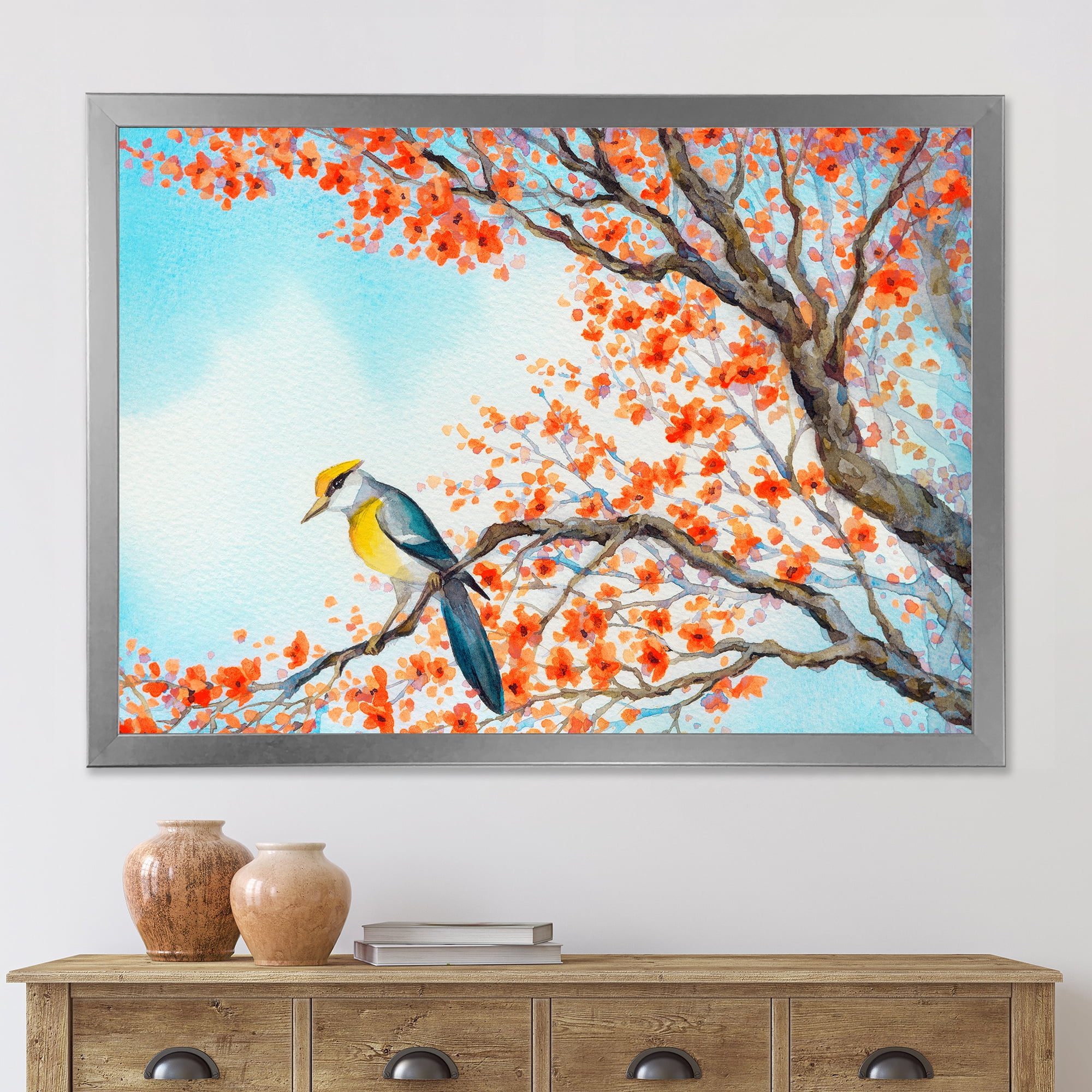 Beautiful Orange Bird Sitting On Flowering Branch 20 in x 12 in Framed Painting Canvas Art Print, by Designart