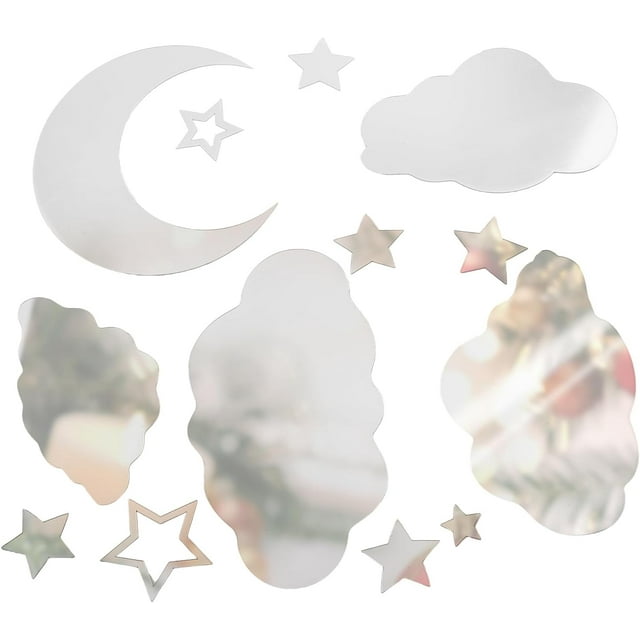 Pegatinas de pared de espejo acrílico 3D, decoración de espejo acrílico con nubes y estrellas, pegatina de espejo de luna estrellada, arte de pared decorativo acrílico DIY