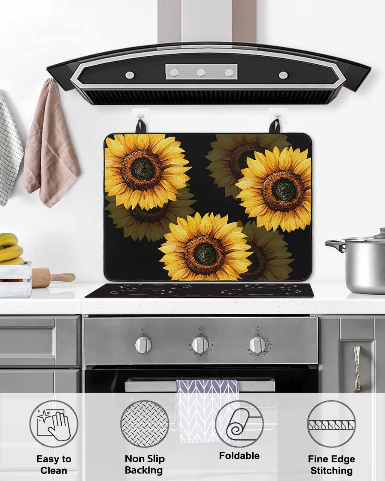nqOlkjepod Large Induction Cooktop Protector Mat 24"x21", Spring Sunflower Stove Top Covers for Electric Stove, Black Vintage Abstract Painting Stove Burner Cover Mats, Glass Top Stove Cover