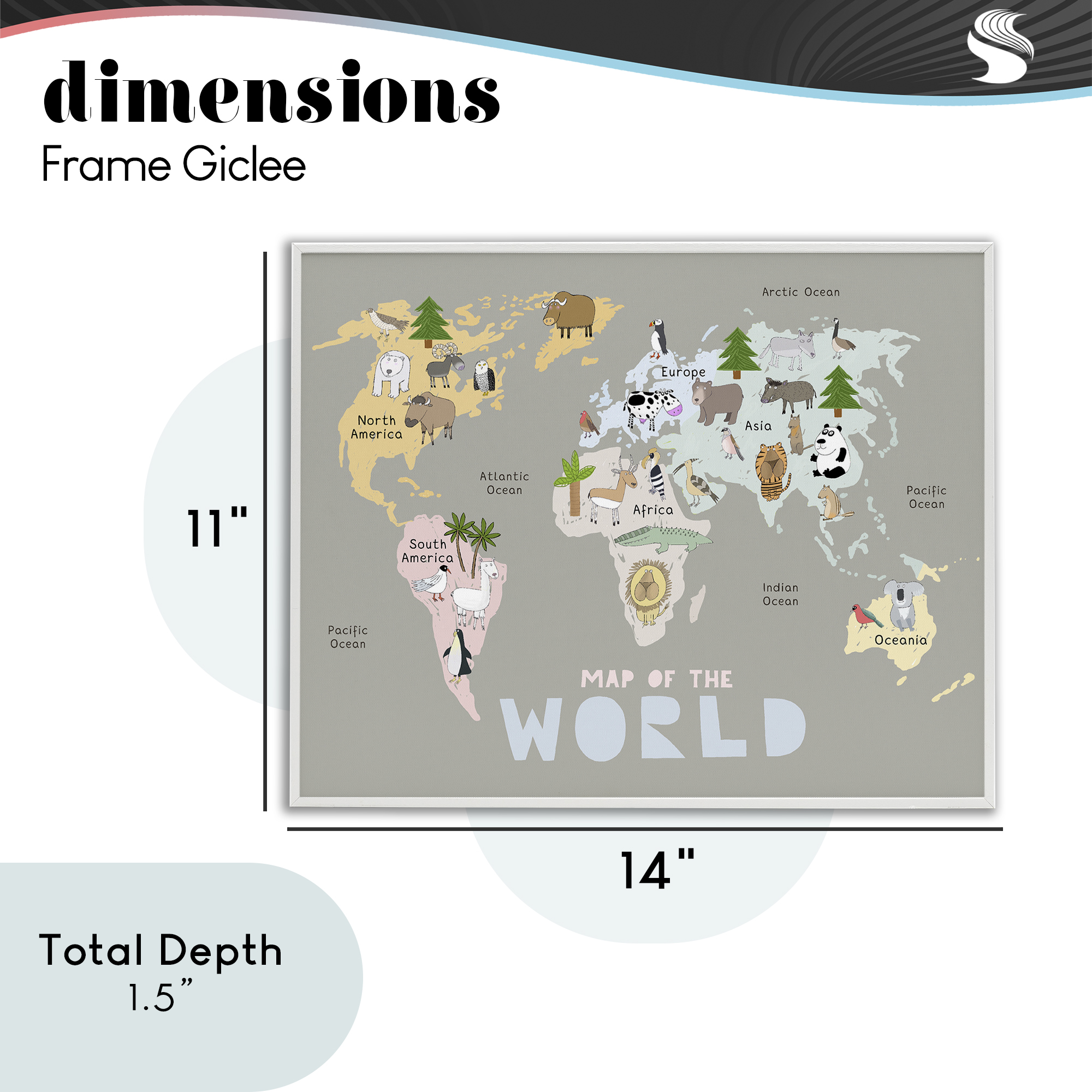 Kid's Map Of World Grey White Framed Giclee Art, design by Carla Daly