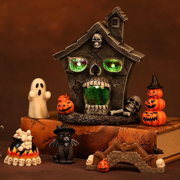 Clearance Desktop Ornament under $10,Halloween Head House Village Figurine Decoration Resin Mansion Lighted Table Decor For Home Kitchen Fireplace Desk Indoor Yard Outdoor Ornaments Props