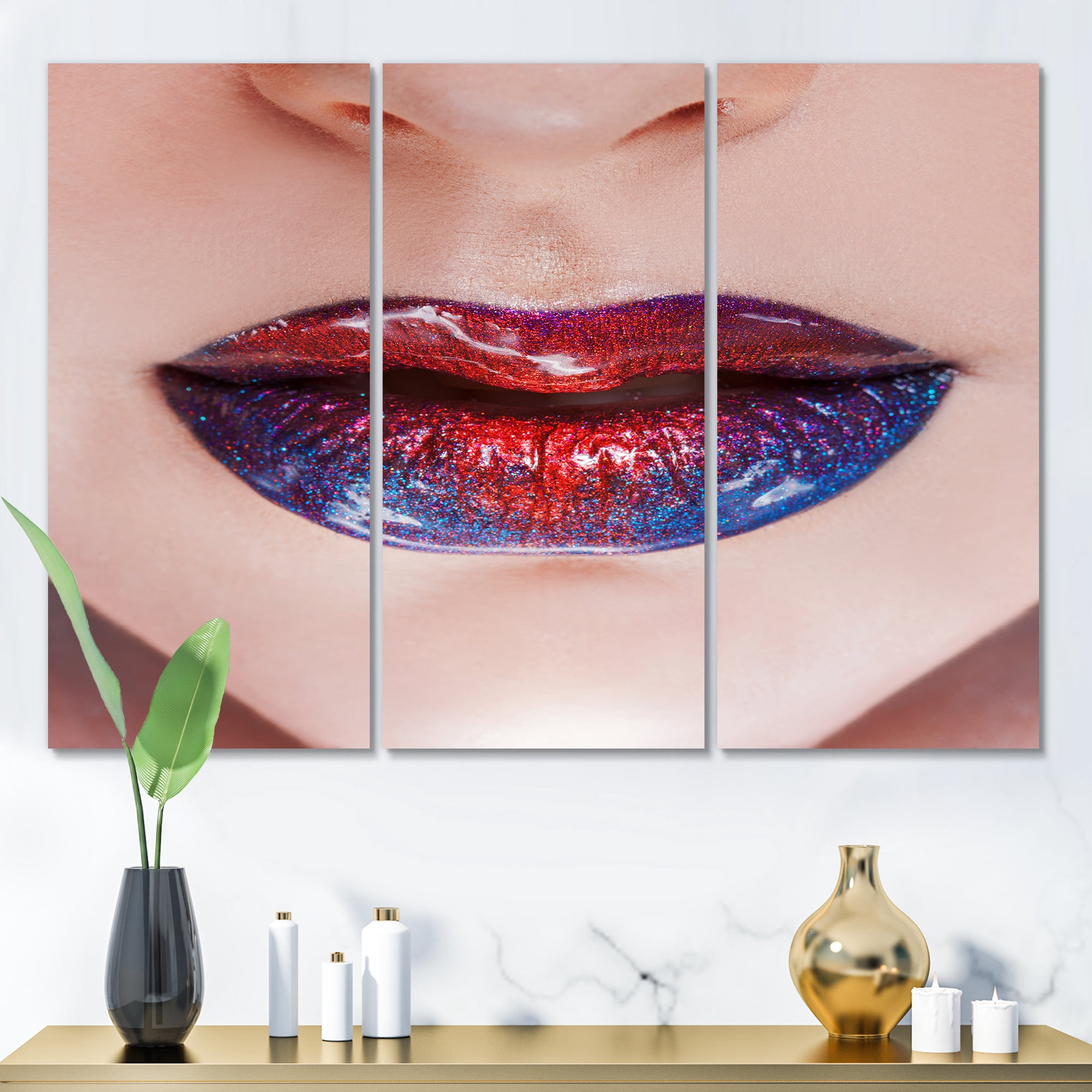 Designart ' Beautiful Women Lips With Red and Blue Lipstick ' Modern Canvas Wall Art Print