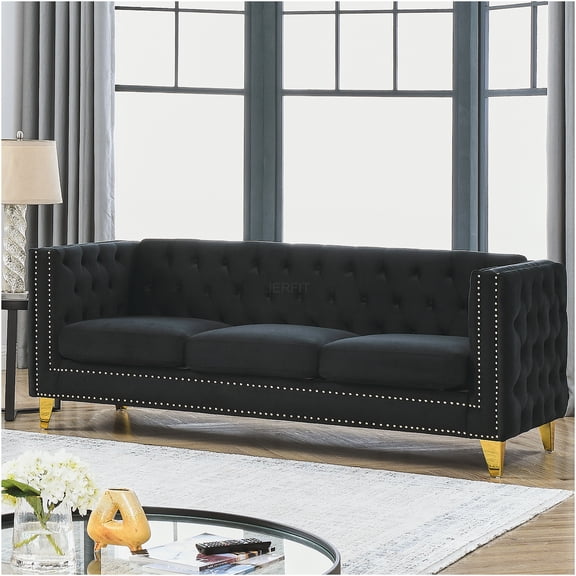 JERFIT Modern Chesterfield Velvet Sofa 3-Seater for Living Room with Tufted Back and Metal Legs, Square Arm Couch, Black