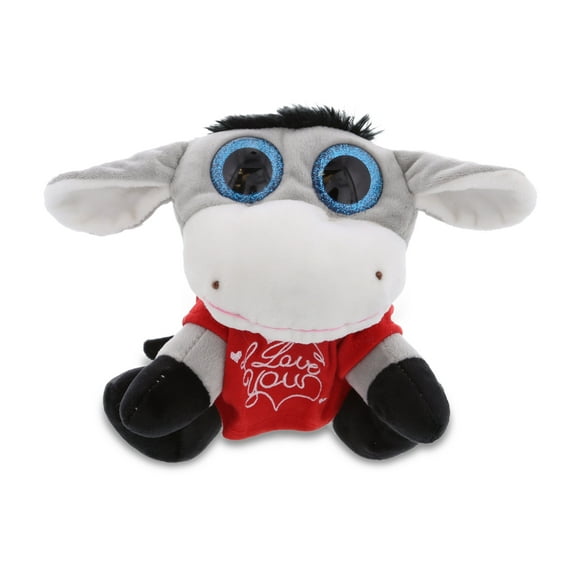 DolliBu I LOVE YOU Sparkling Big Eye Donkey Plush - Stuffed Animal with Red Shirt For Valentine, Anniversary, Romantic Date, Cute Farm Life Plush Toy Gift For Boyfriend or Girlfriend - 8 Inch