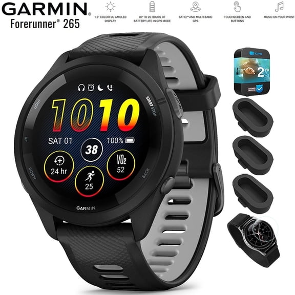 Garmin 010-02810-00 Forerunner 265 GPS Smartwatch - 46mm Black/Powder Gray Bundle with Deco Essentials Silicone Dust Cover 3 Pack, Round Screen Protector and 2 YR CPS Enhanced Protection Pack