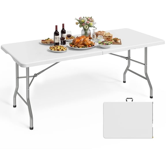 6-Foot Folding Table, Standard White, Portable with Carrying Handle &