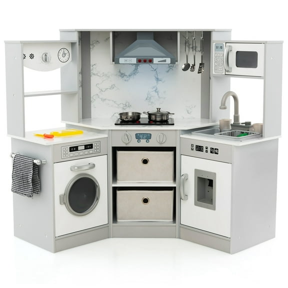 Costway Wooden Kids Play Corner Kitchen with Realistic Lights & Sounds Lighted Range Hood Grey