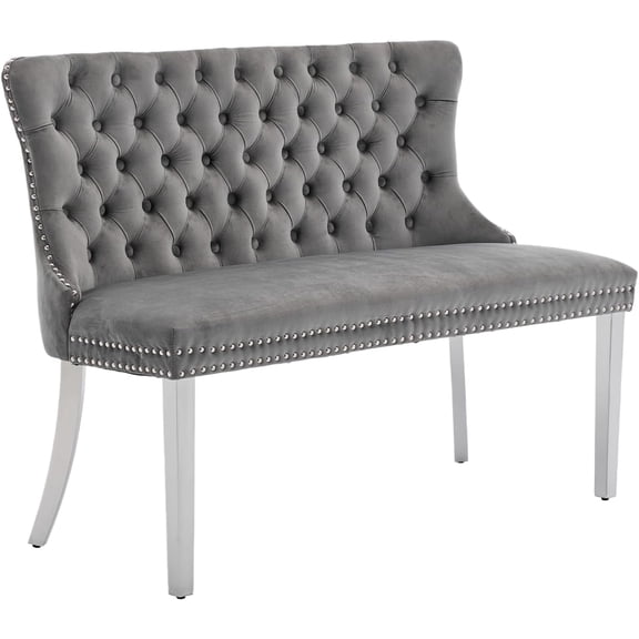 LQLI Velvet Dining Bench with Back, Tufted Banquette Seating, Silver Legs | Upholstered loveseat bench; tufted back; nailhead trim; 500 lb capacity; foam and spring seat; dining room or entryway
