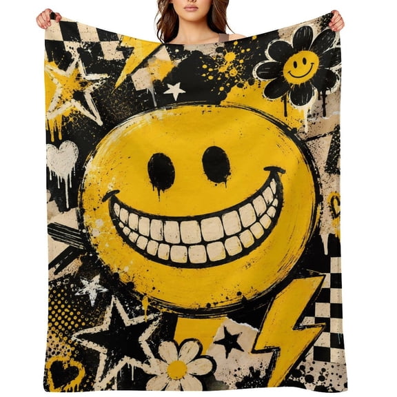 Verity Smiley Face Fleece Throw Blanket, Soft Cozy Flannel Blanket, Creepy Cute Weirdcore Graphic Blanket for Bed Sofa Travel Camping Home Decor