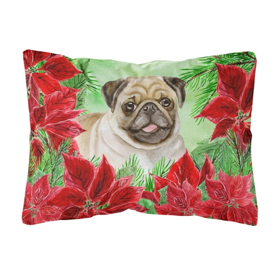 Carolines Treasures CK1365PW1216 Fawn Pug Poinsettas Canvas Fabric Decorative Pillow 12H x16W multicolor