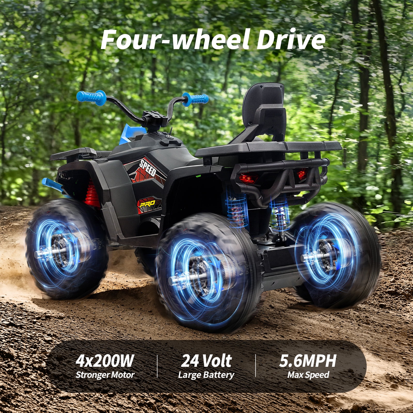 Hikiddo Kids ATV 4-Wheeler, 24 Volt 4WD Ride On Toys for Big Kids w/ 2 Seater, 4x200W Motor, 5.6Mph Max Speed -Blue