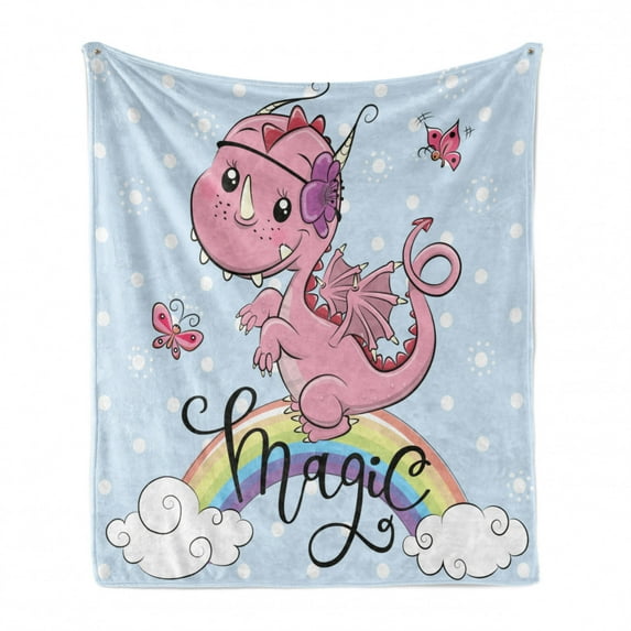 Dragon Soft Flannel Fleece Throw Blanket, Magic Typography in Cursive with a Pink Cartoon Animal on a Rainbow, Cozy Plush for Indoor and Outdoor Use, 50" x 60", Baby Blue and Multicolor, by Ambesonne