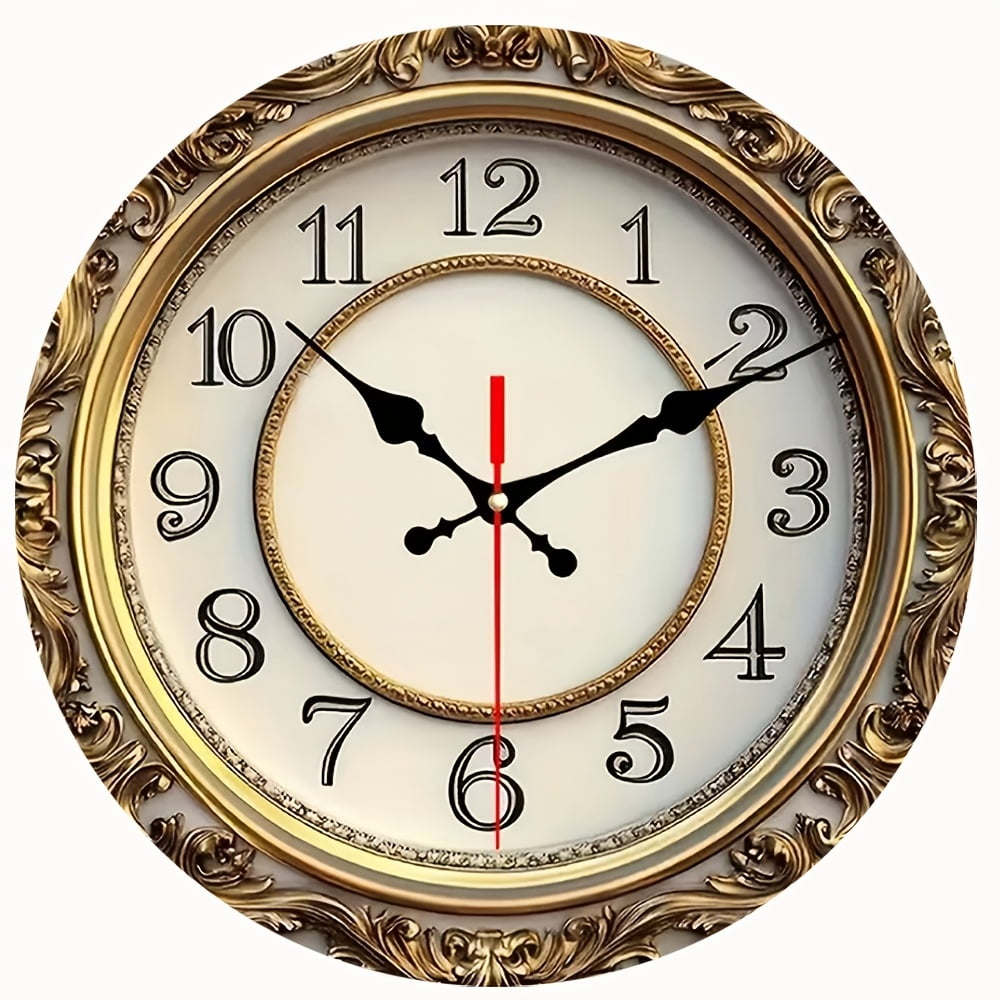 2D Flat Round Wall Clock,Ornate Golden Baroque Frame Print,Silent Non-Ticking Decor Clock,Luxury Classic Wall Art,AA Battery Not Included