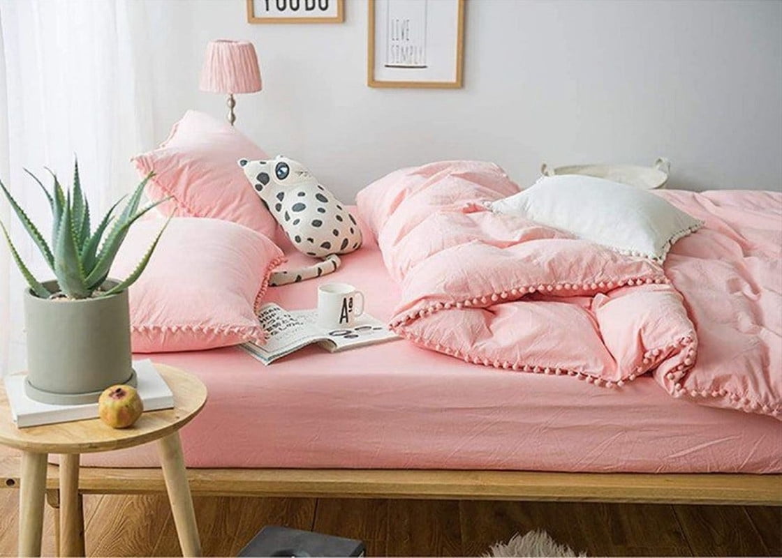 Pavish Export Pom Pom Cotton Duvet Cover In Pink Boho Bedding 100% Cotton Duvet Cover Set With 2 Pillow Case Cotton Bohemian Duvet Set Queen