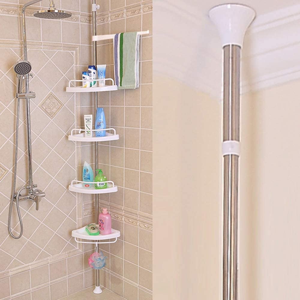 4 Tier Plastic Shower Corner Pole Caddy Bathroom Wall Shelf Storage Rack Holder